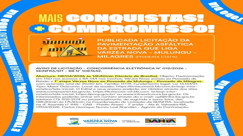 Várzea Nova: Governo da Bahia publica licitação para pavimentação da estrada até Mulungu e Milagres