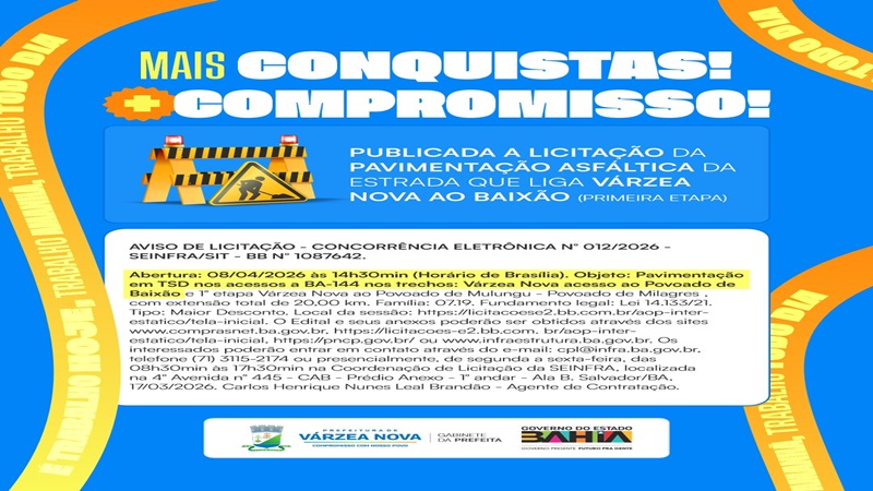 Várzea Nova: Governo da Bahia publica licitação para pavimentação da estrada até o povoado de Baixão