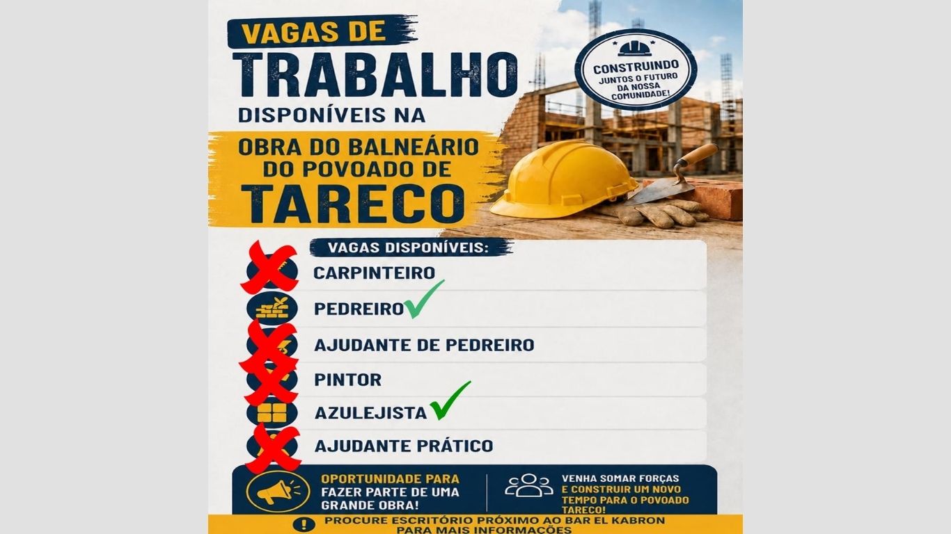 Obra do Balneário do Tareco ainda tem vaga para Pedreiro e Azulejista