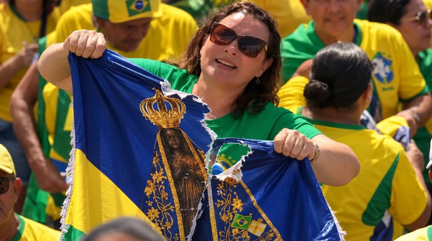 Apoiadora de Flávio rasga bandeira de Nossa Senhora Aparecida em ato em BH