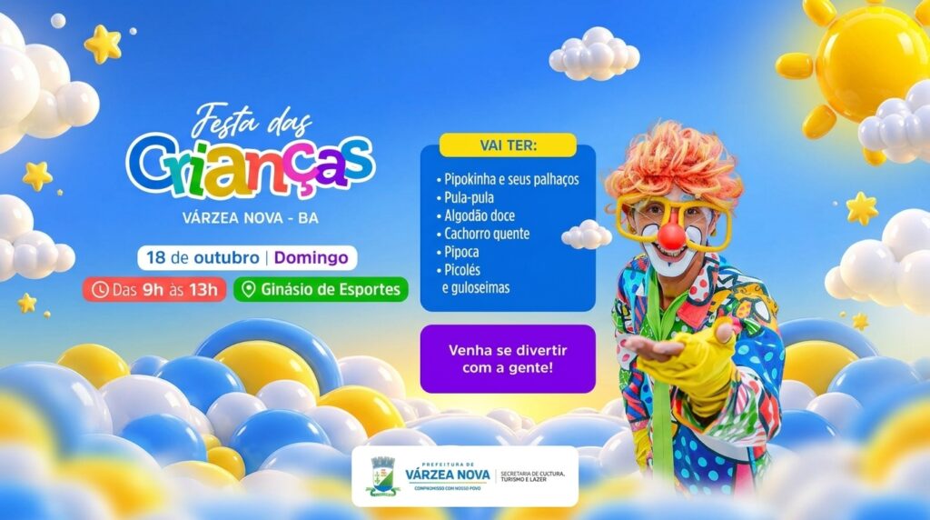 Várzea Nova promove Festa das Crianças neste domingo (18) com diversão e atividades gratuitas